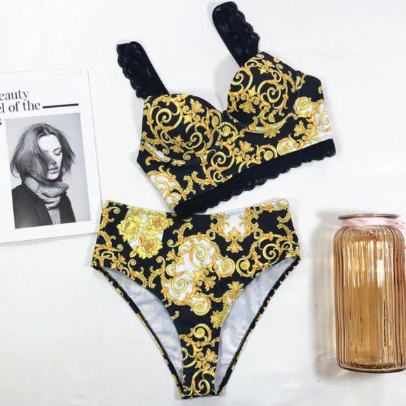 Yellow Printed High Waisted Bustier Padded Two Piece Bikini Swimsuit - Picture 6 of 9